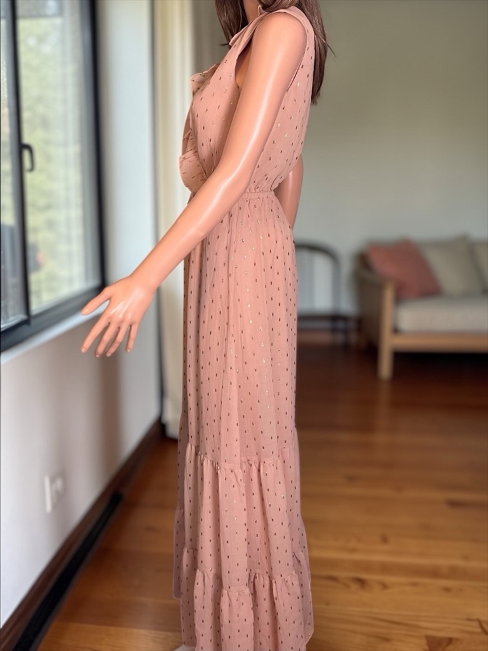 Express Dusty Rose Maxi Dress XS Ruffle Metallic Accent Elastic Waist - Picture 7 of 9